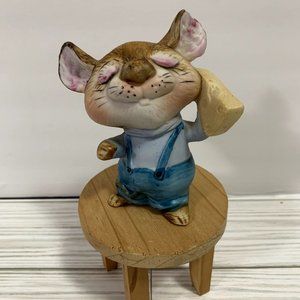 Vintage Homco Kitschy Cute Mouse Wearing Overalls Cheese Sleepy Eyes Figurine